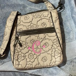 Thirty-One Crossbody Purse grey with monogrammed “C” in pink! GREAT BAG